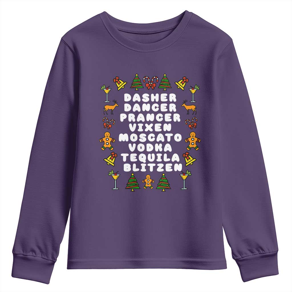 Funny Drinking Christmas Youth Sweatshirt Merry Christmas Dasher Dancer Prancer Vixen TS10 Purple Print Your Wear