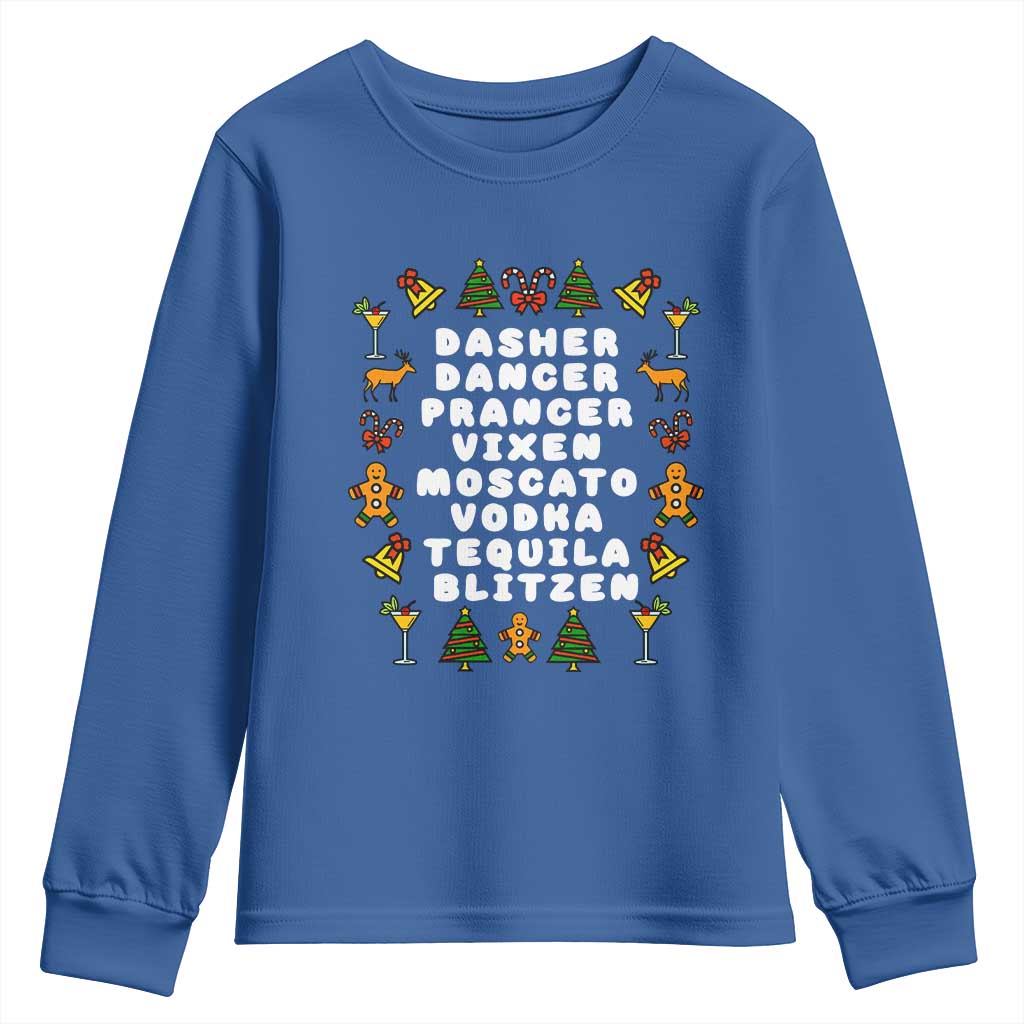 Funny Drinking Christmas Youth Sweatshirt Merry Christmas Dasher Dancer Prancer Vixen TS10 Royal Blue Print Your Wear