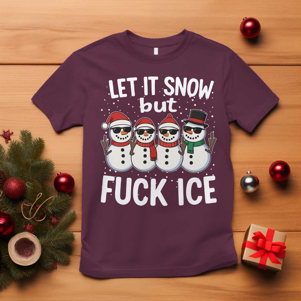 Anti ICE Christmas T Shirt Funny Snowman Cute Finger Let It Snow Funny FDT TS10 Maroon Print Your Wear