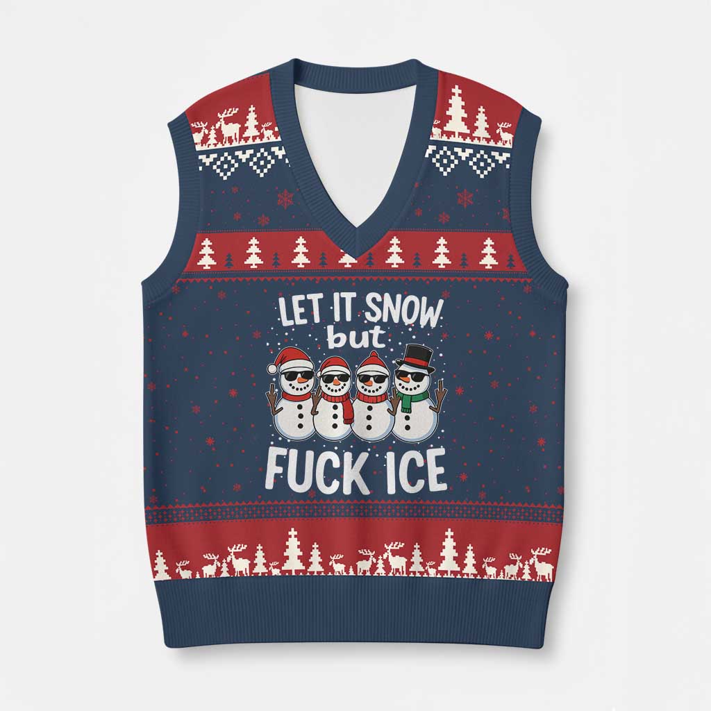 Anti ICE Xmas V-Neck Knit Sweater Vest Funny Snowman Cute Finger Let It Snow Funny FDT TS10 Navy Red Print Your Wear