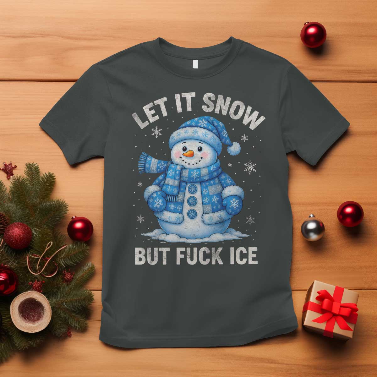 Anti ICE Christmas T Shirt Retro Blue Snowman Let It Snow But Fuck Ice TS10 Dark Heather Print Your Wear
