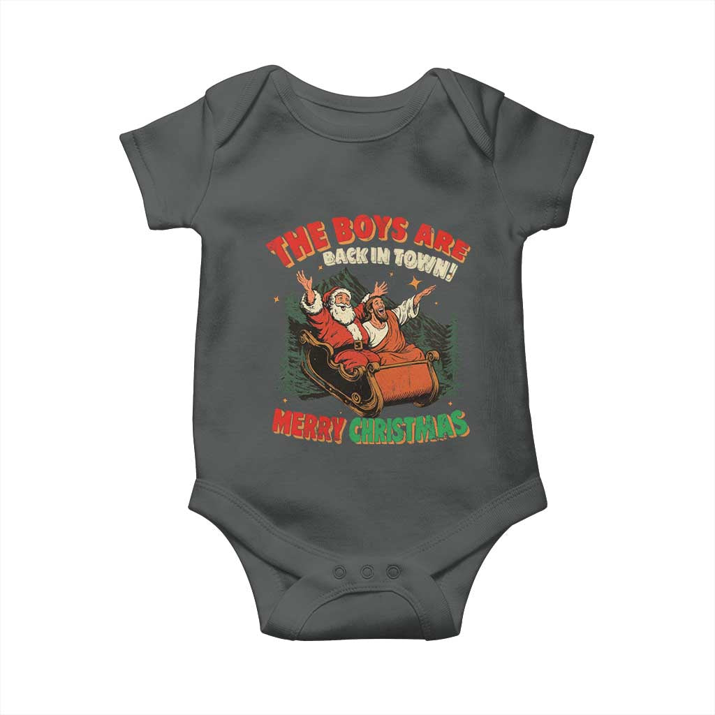 The Boys Are Back in Town Christmas Baby Onesie Funny Santa Jesus TS10 Dark Heather Print Your Wear