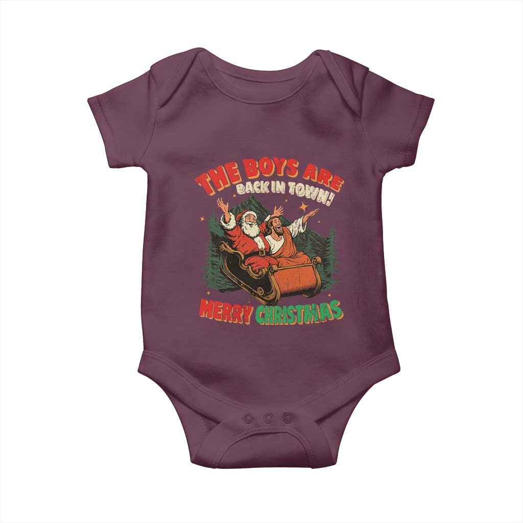 The Boys Are Back in Town Christmas Baby Onesie Funny Santa Jesus TS10 Maroon Print Your Wear