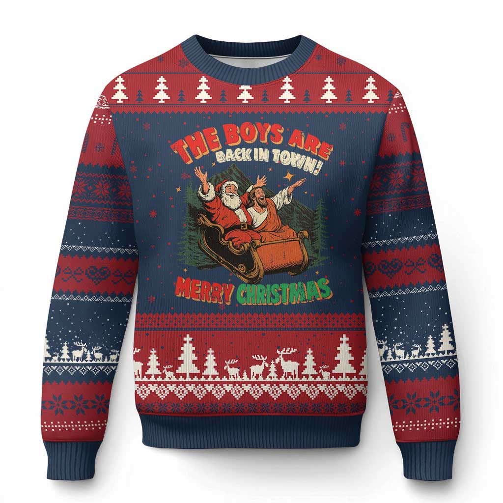 The Boys Are Back in Town Xmas Ugly Christmas Sweater Funny Santa Jesus TS10 Navy Red Print Your Wear