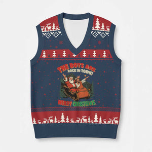 The Boys Are Back in Town Xmas V-Neck Knit Sweater Vest Funny Santa Jesus TS10 Navy Red Print Your Wear
