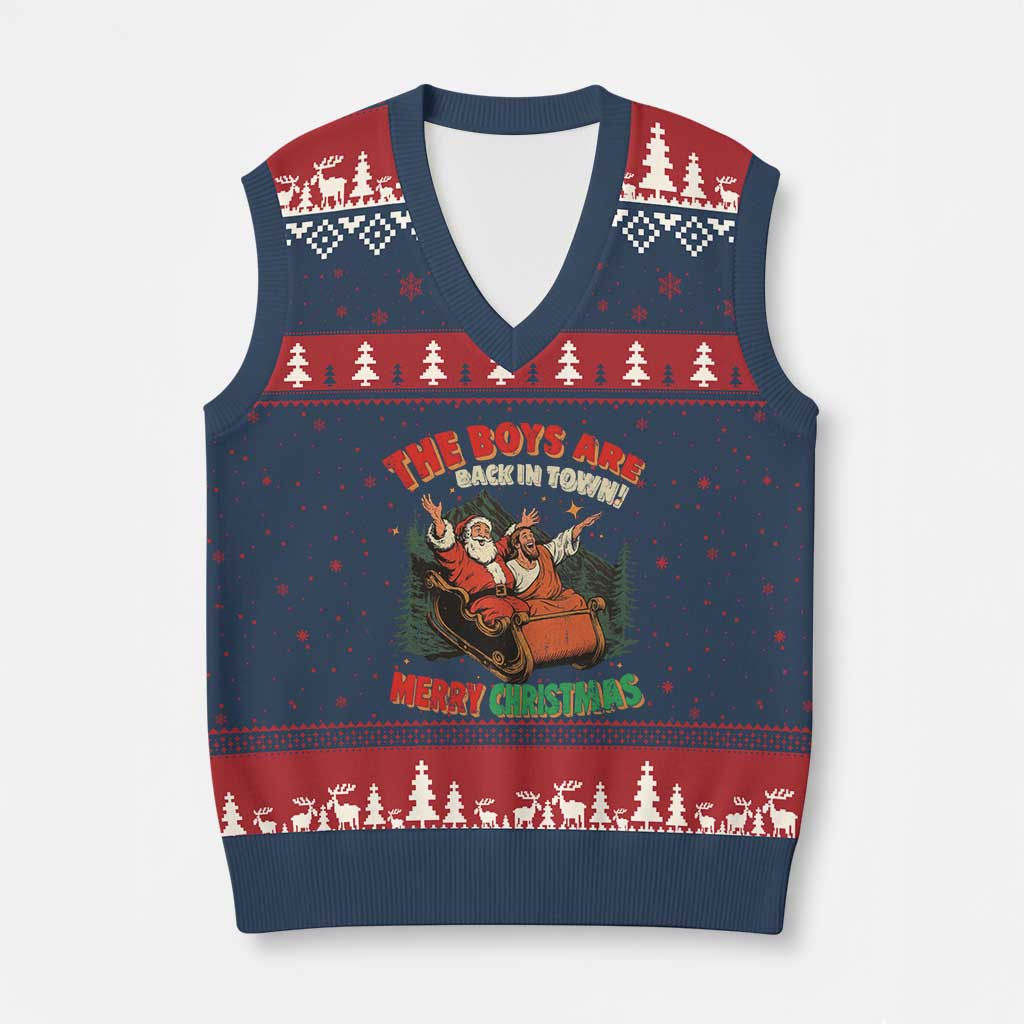 The Boys Are Back in Town Xmas V-Neck Knit Sweater Vest Funny Santa Jesus TS10 Navy Red Print Your Wear