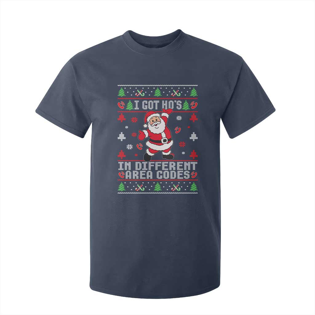 Funny Santa Ugly Christmas T Shirt For Kid I Got Hos in Different Area Codes TS10 Navy Print Your Wear
