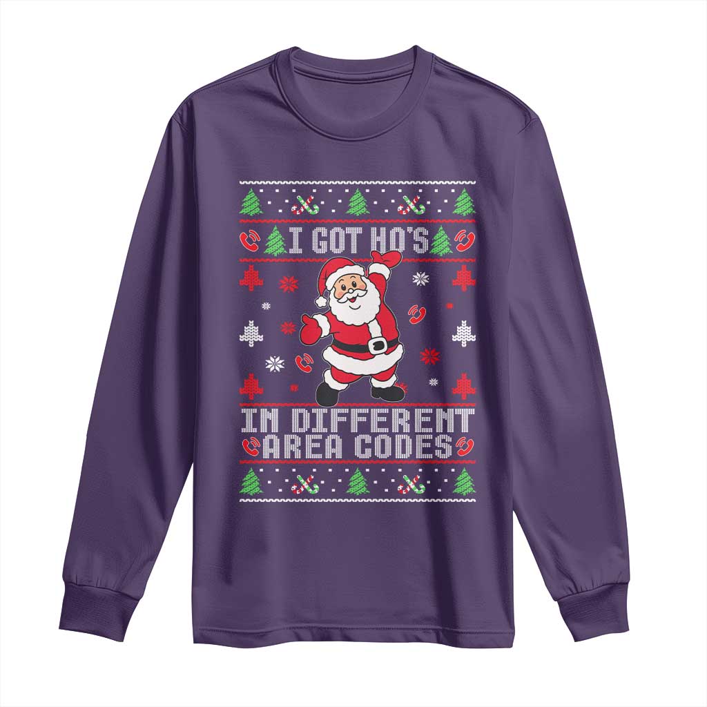 Funny Santa Ugly Christmas Long Sleeve Shirt I Got Hos in Different Area Codes TS10 Purple Print Your Wear
