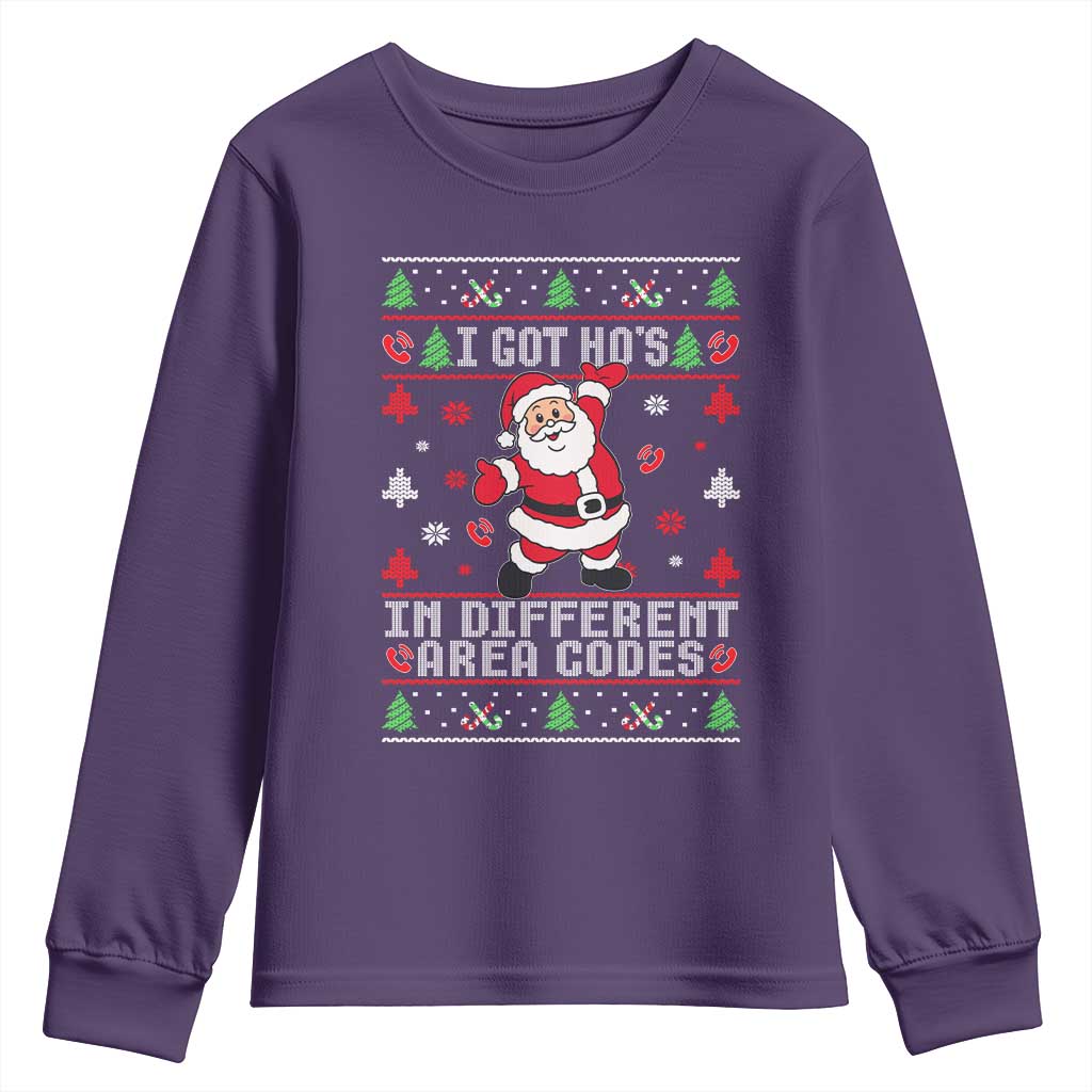 Funny Santa Ugly Christmas Youth Sweatshirt I Got Hos in Different Area Codes TS10 Purple Print Your Wear