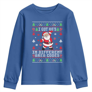 Funny Santa Ugly Christmas Youth Sweatshirt I Got Hos in Different Area Codes TS10 Royal Blue Print Your Wear