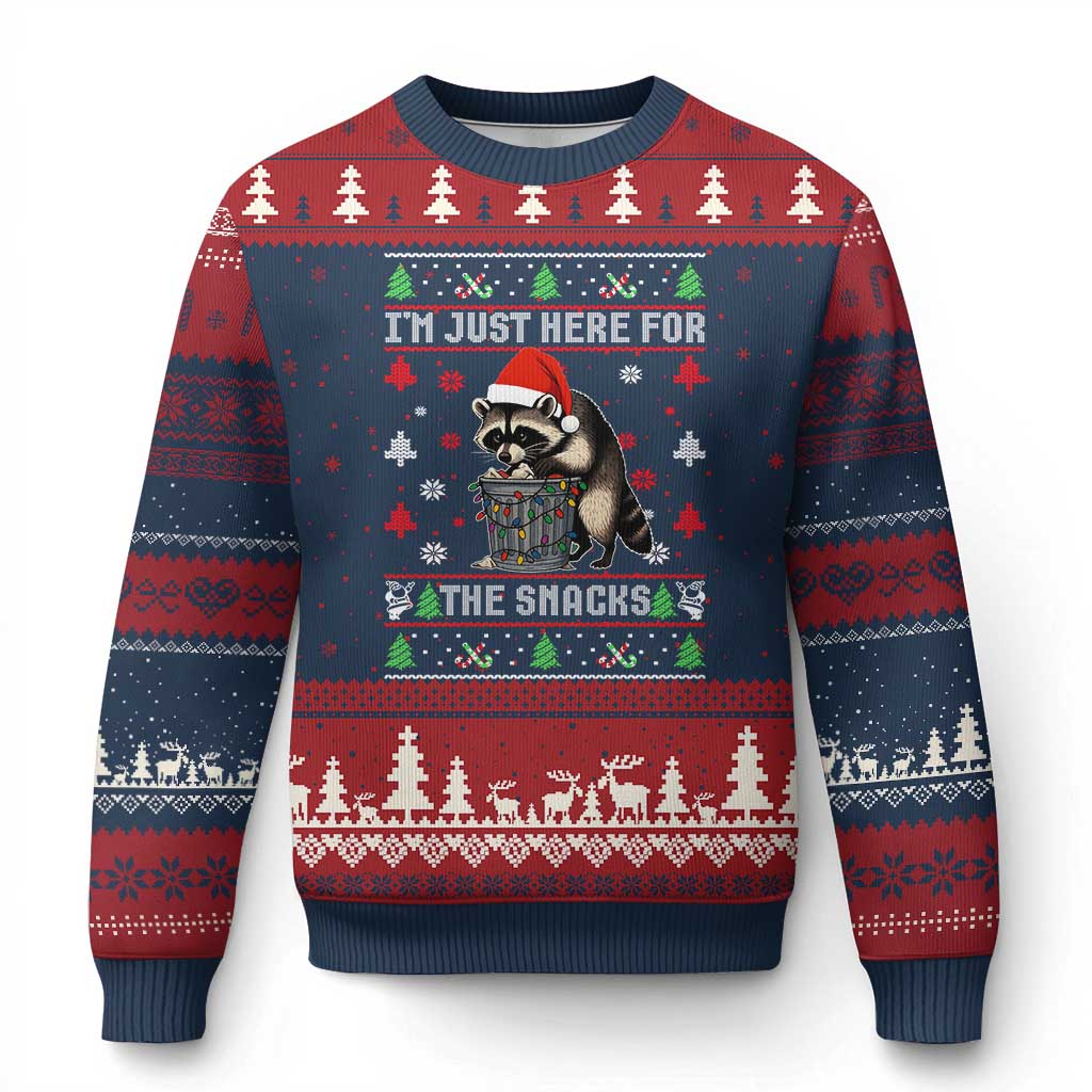 Funny Raccoon Ugly Xmas Ugly Christmas Sweater I'm Just Here for The Snacks Cute Trash Panda TS10 Navy Red Print Your Wear