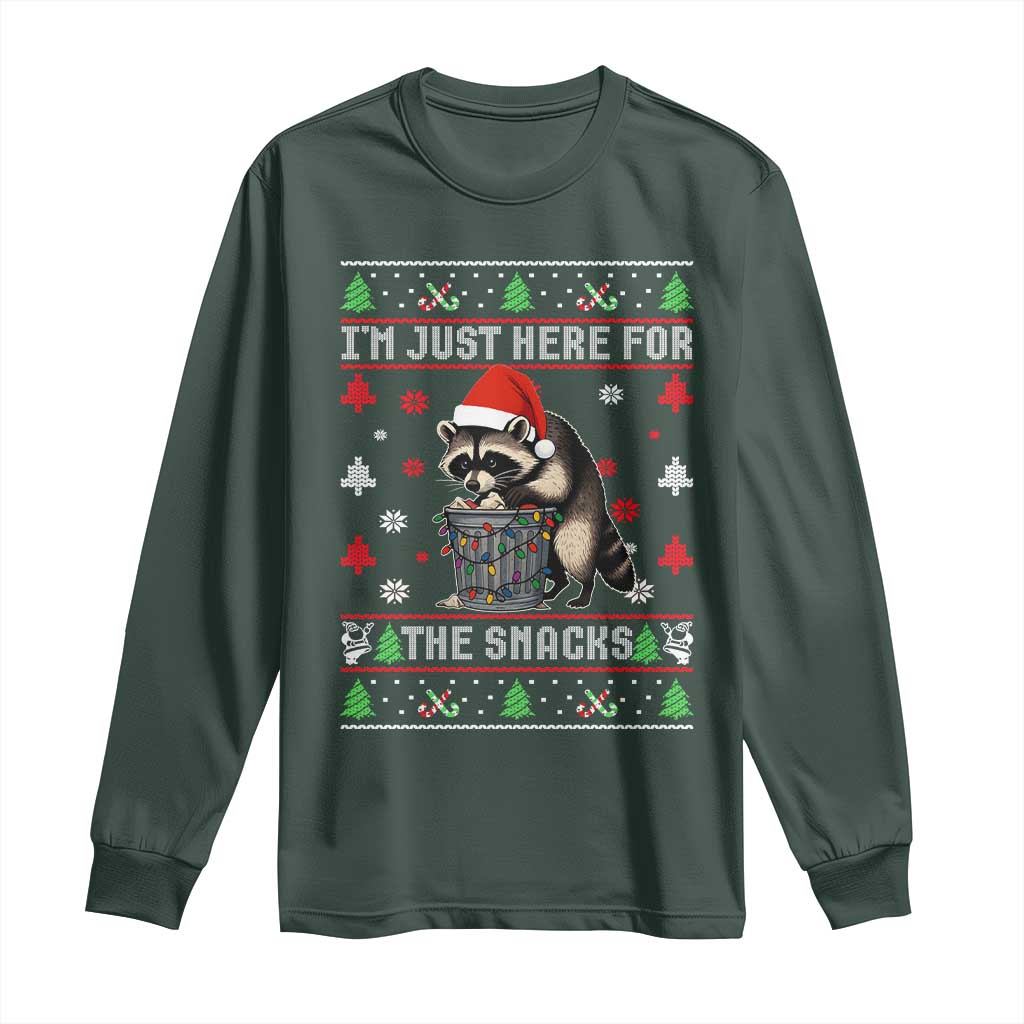 Funny Raccoon Ugly Christmas Long Sleeve Shirt I'm Just Here for The Snacks Cute Trash Panda TS10 Dark Forest Green Print Your Wear