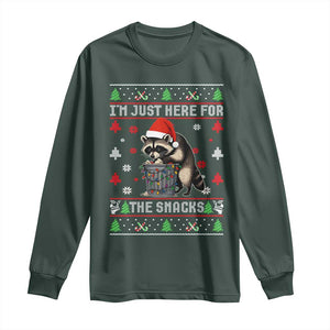 Funny Raccoon Ugly Christmas Long Sleeve Shirt I'm Just Here for The Snacks Cute Trash Panda TS10 Dark Forest Green Print Your Wear
