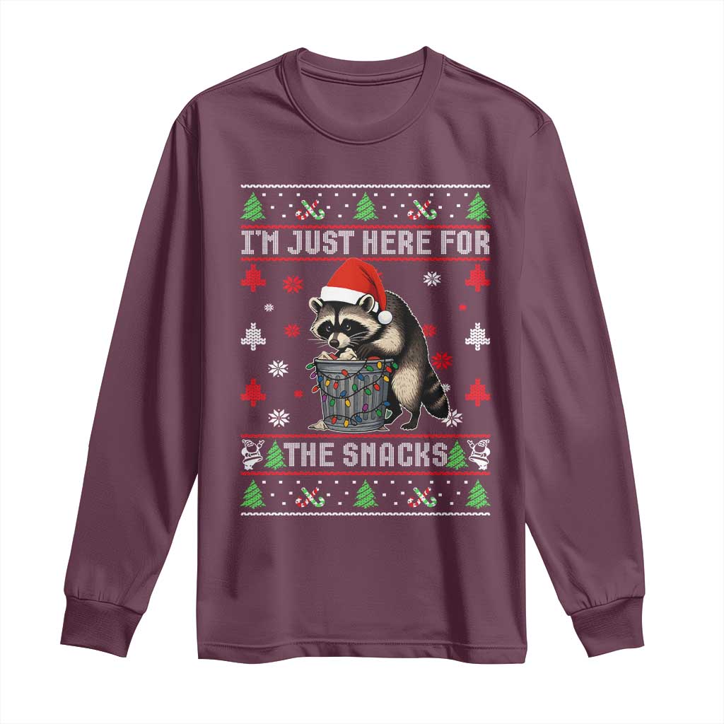 Funny Raccoon Ugly Christmas Long Sleeve Shirt I'm Just Here for The Snacks Cute Trash Panda TS10 Maroon Print Your Wear
