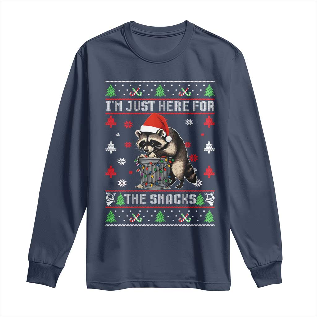 Funny Raccoon Ugly Christmas Long Sleeve Shirt I'm Just Here for The Snacks Cute Trash Panda TS10 Navy Print Your Wear