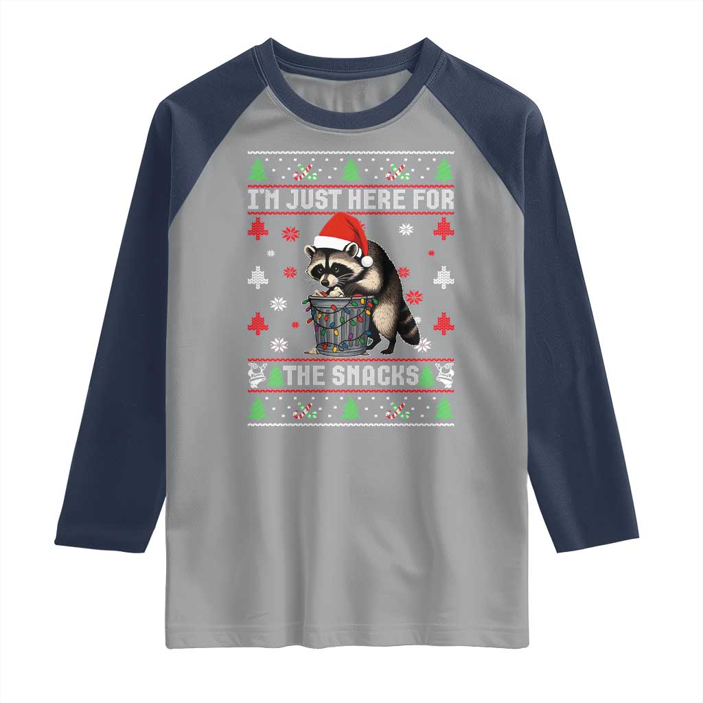 Funny Raccoon Ugly Christmas Raglan Shirt I'm Just Here for The Snacks Cute Trash Panda TS10 Sport Gray Navy Print Your Wear
