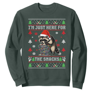 Funny Raccoon Ugly Christmas Sweatshirt I'm Just Here for The Snacks Cute Trash Panda TS10 Dark Forest Green Print Your Wear