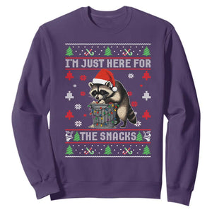 Funny Raccoon Ugly Christmas Sweatshirt I'm Just Here for The Snacks Cute Trash Panda TS10 Purple Print Your Wear