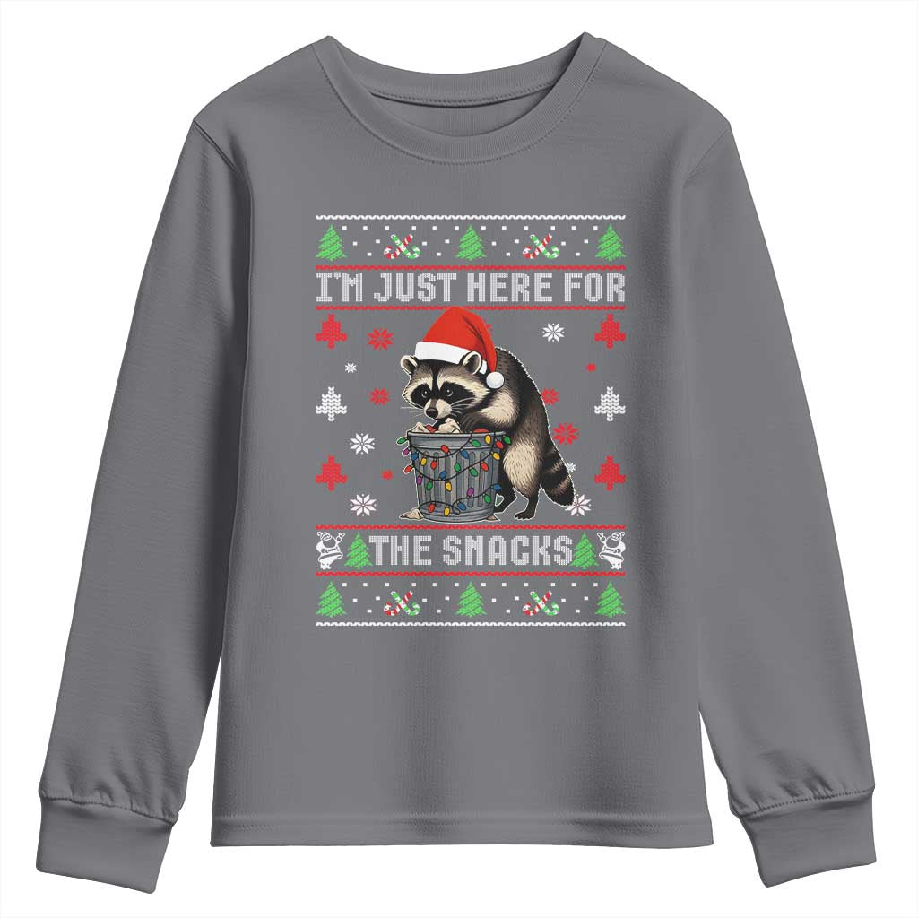 Funny Raccoon Ugly Christmas Youth Sweatshirt I'm Just Here for The Snacks Cute Trash Panda TS10 Charcoal Print Your Wear
