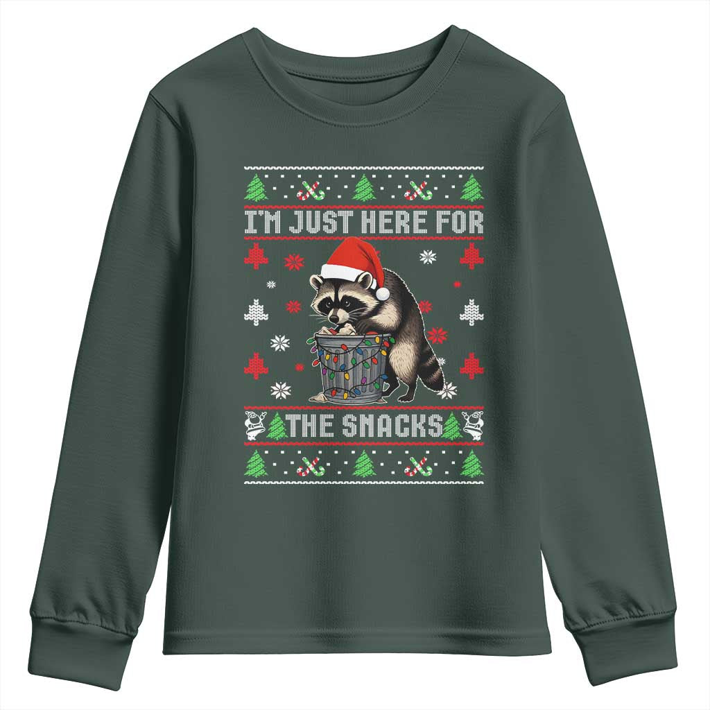 Funny Raccoon Ugly Christmas Youth Sweatshirt I'm Just Here for The Snacks Cute Trash Panda TS10 Dark Forest Green Print Your Wear