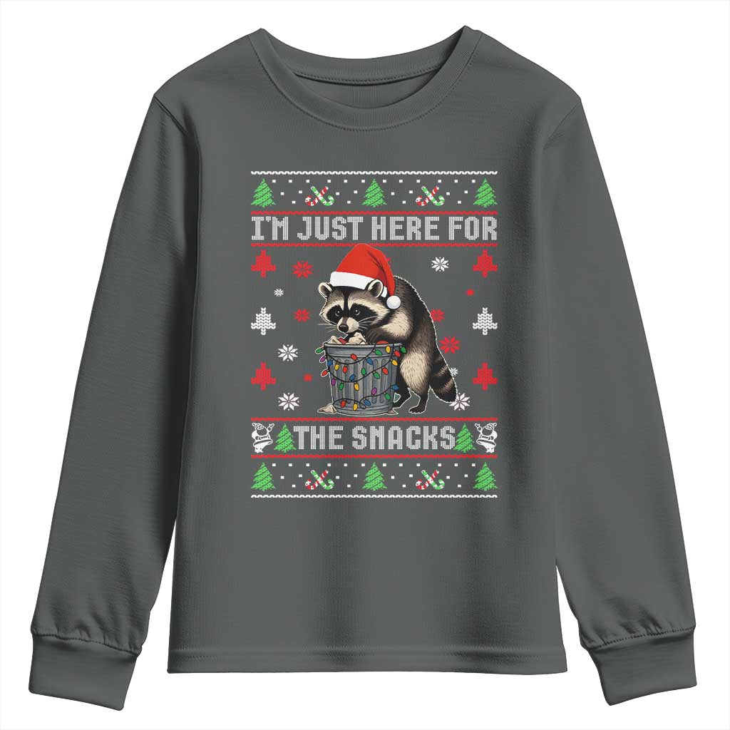 Funny Raccoon Ugly Christmas Youth Sweatshirt I'm Just Here for The Snacks Cute Trash Panda TS10 Dark Heather Print Your Wear
