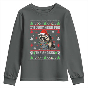 Funny Raccoon Ugly Christmas Youth Sweatshirt I'm Just Here for The Snacks Cute Trash Panda TS10 Dark Heather Print Your Wear