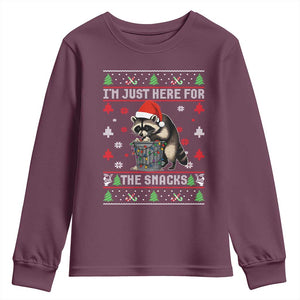 Funny Raccoon Ugly Christmas Youth Sweatshirt I'm Just Here for The Snacks Cute Trash Panda TS10 Maroon Print Your Wear