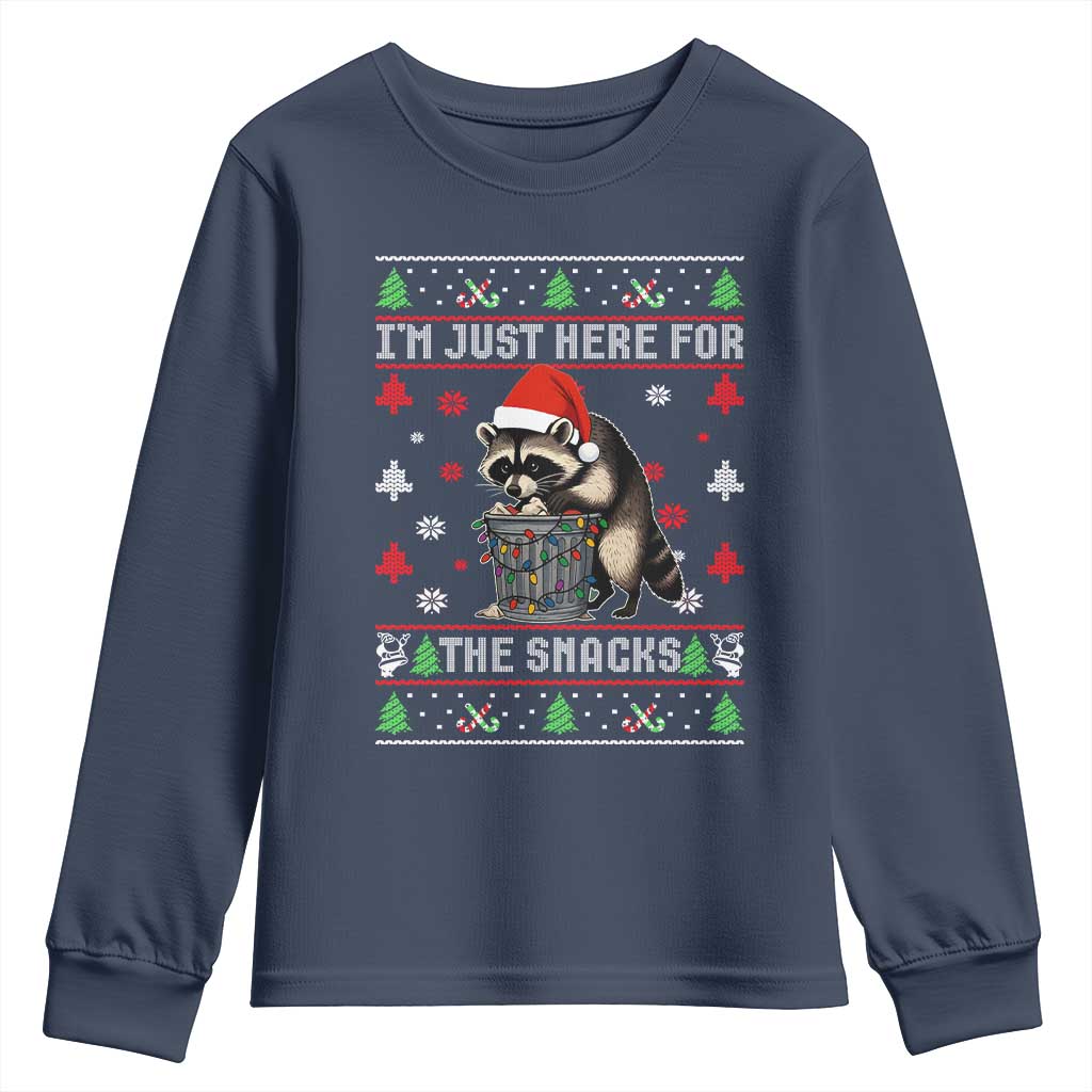 Funny Raccoon Ugly Christmas Youth Sweatshirt I'm Just Here for The Snacks Cute Trash Panda TS10 Navy Print Your Wear