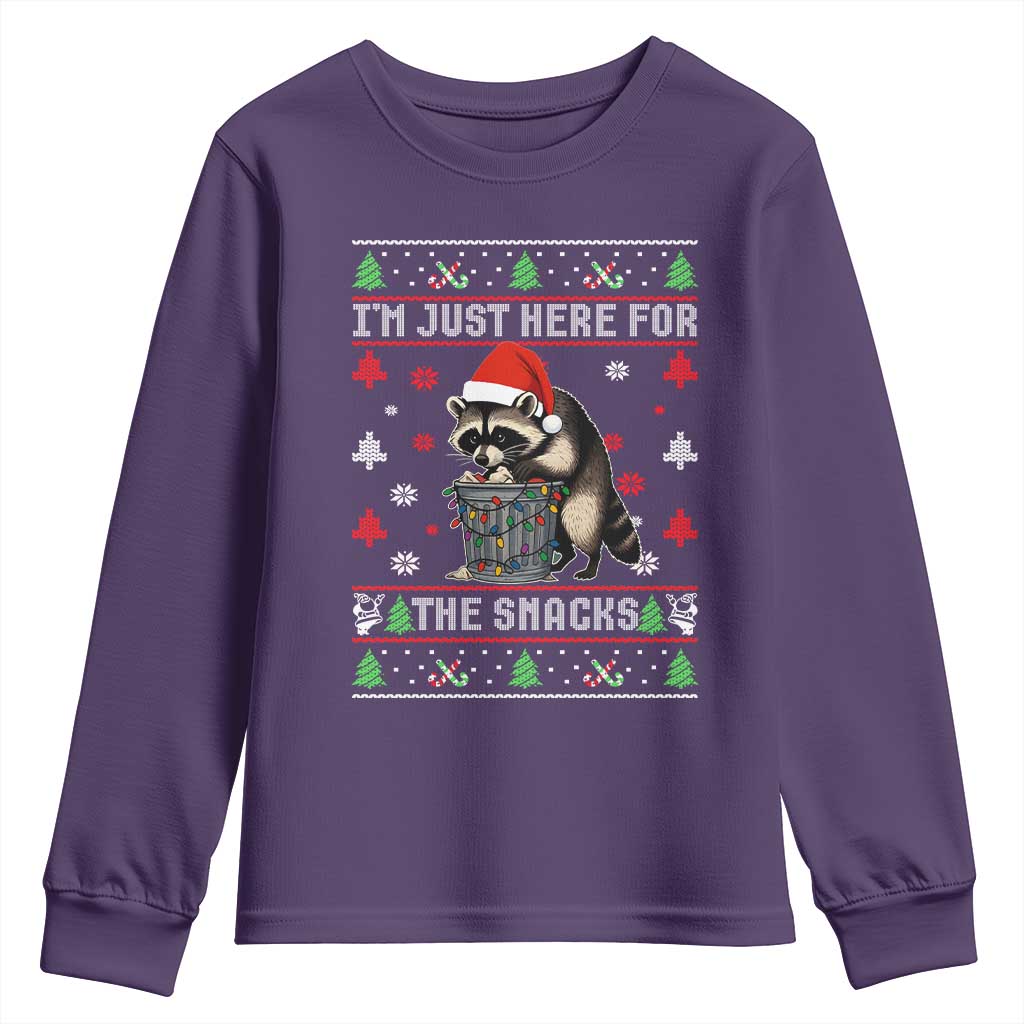 Funny Raccoon Ugly Christmas Youth Sweatshirt I'm Just Here for The Snacks Cute Trash Panda TS10 Purple Print Your Wear