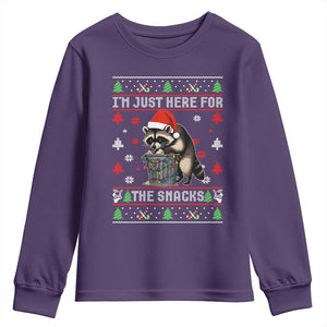 Funny Raccoon Ugly Christmas Youth Sweatshirt I'm Just Here for The Snacks Cute Trash Panda TS10 Purple Print Your Wear