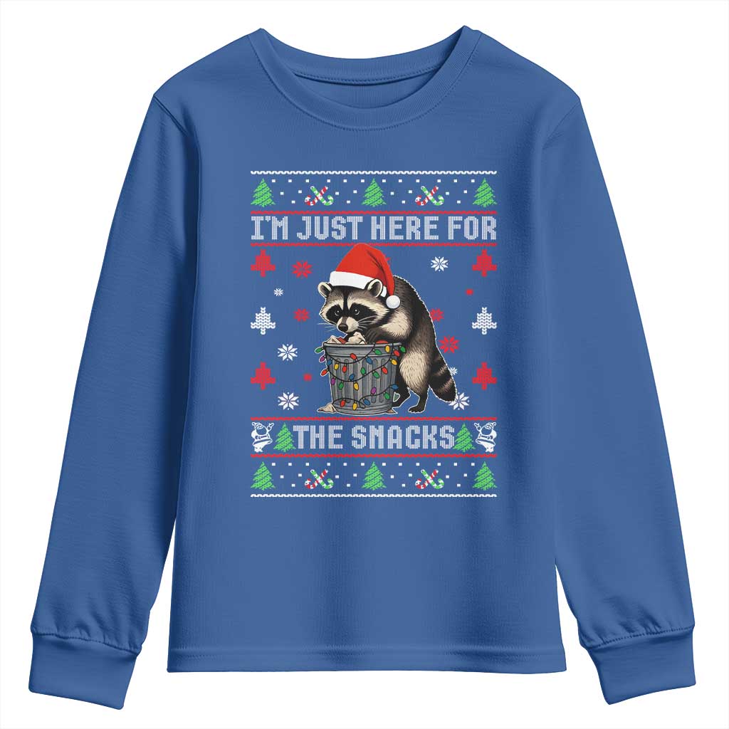 Funny Raccoon Ugly Christmas Youth Sweatshirt I'm Just Here for The Snacks Cute Trash Panda TS10 Royal Blue Print Your Wear