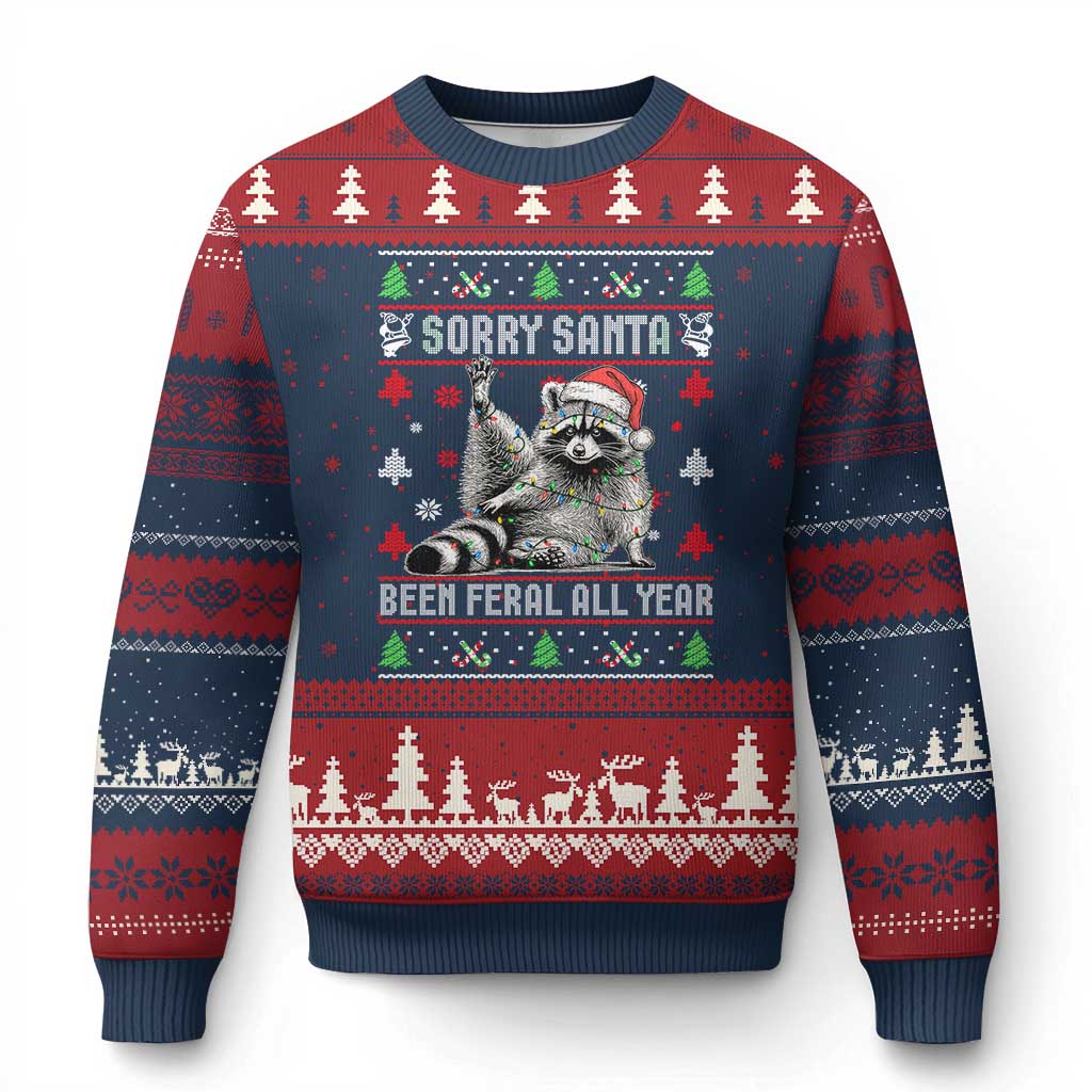 Funny Raccoon Ugly Xmas Ugly Christmas Sweater Cute Trash Panda Sorry Santa Been Feral All Year TS10 Navy Red Print Your Wear