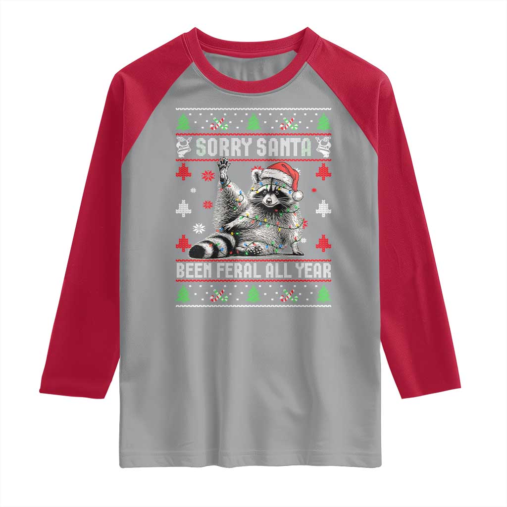 Funny Raccoon Ugly Christmas Raglan Shirt Cute Trash Panda Sorry Santa Been Feral All Year TS10 Sport Gray Red Print Your Wear