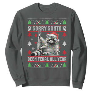 Funny Raccoon Ugly Christmas Sweatshirt Cute Trash Panda Sorry Santa Been Feral All Year TS10 Dark Heather Print Your Wear