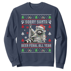 Funny Raccoon Ugly Christmas Sweatshirt Cute Trash Panda Sorry Santa Been Feral All Year TS10 Navy Print Your Wear