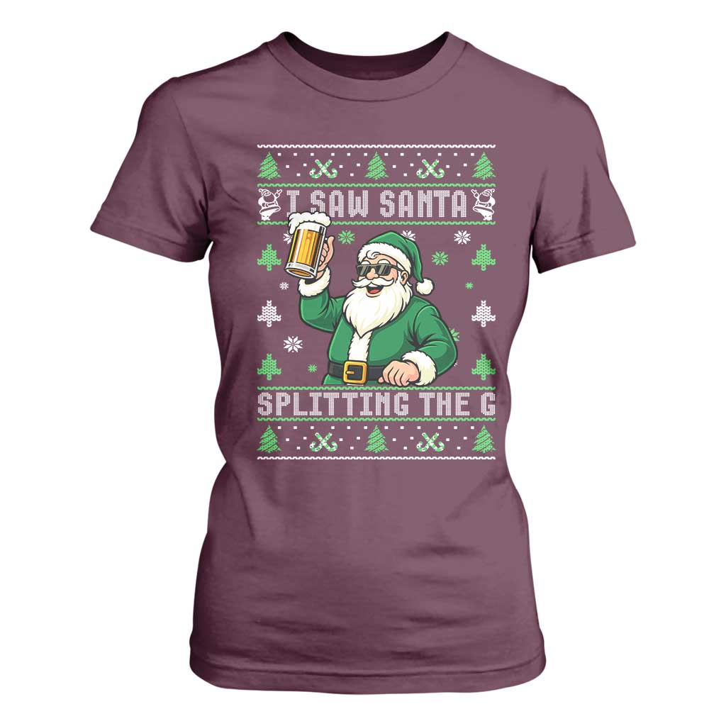 Funny Santa Ugly Christmas T Shirt For Women Drinking Beer Splitting G Inappropriate Adult Humor TS10 Maroon Print Your Wear