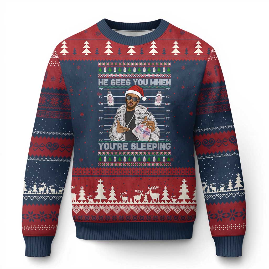 Funny Xmas Diddy Ugly Christmas Sweater Diddy Sees You When Youre Sleeping Ugly Xmas TS10 Navy Red Print Your Wear