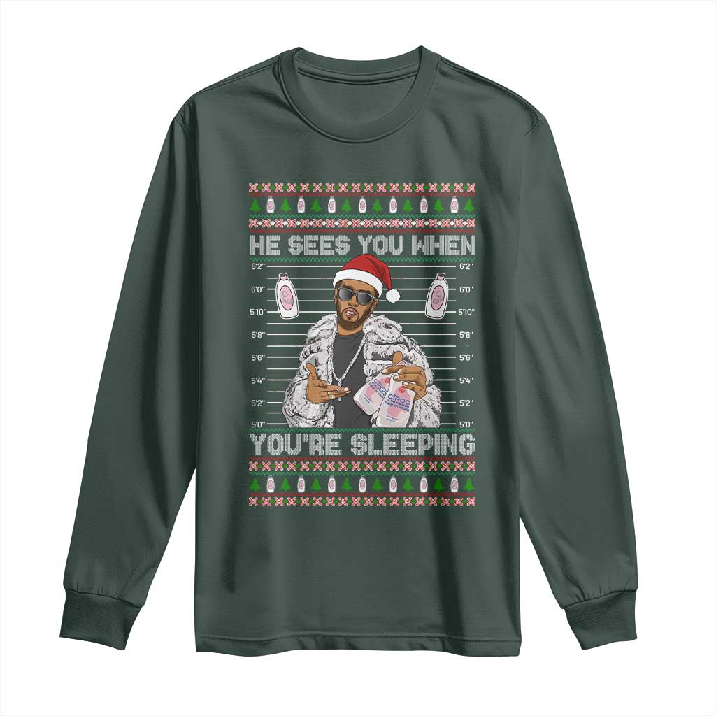 Funny Christmas Diddy Long Sleeve Shirt Diddy Sees You When Youre Sleeping Ugly Xmas TS10 Dark Forest Green Print Your Wear