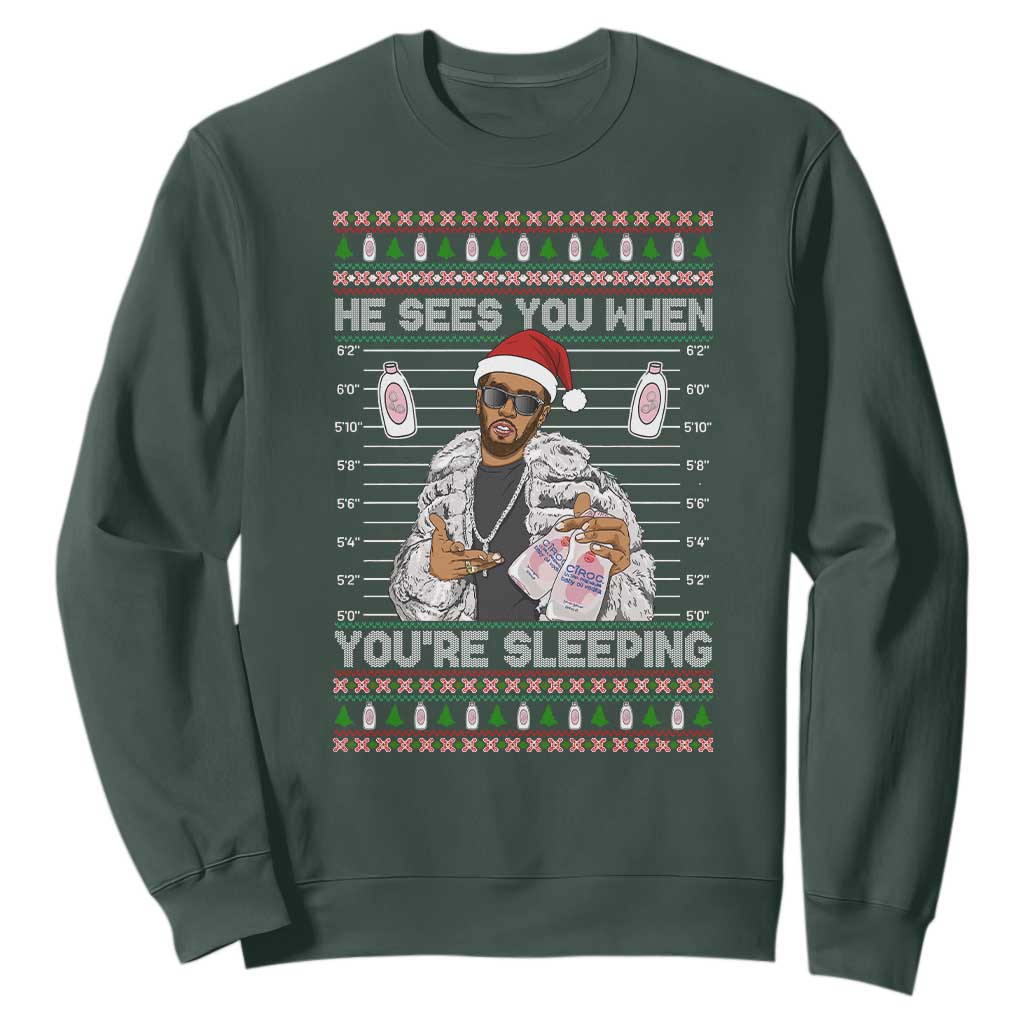 Funny Christmas Diddy Sweatshirt Diddy Sees You When Youre Sleeping Ugly Xmas TS10 Dark Forest Green Print Your Wear
