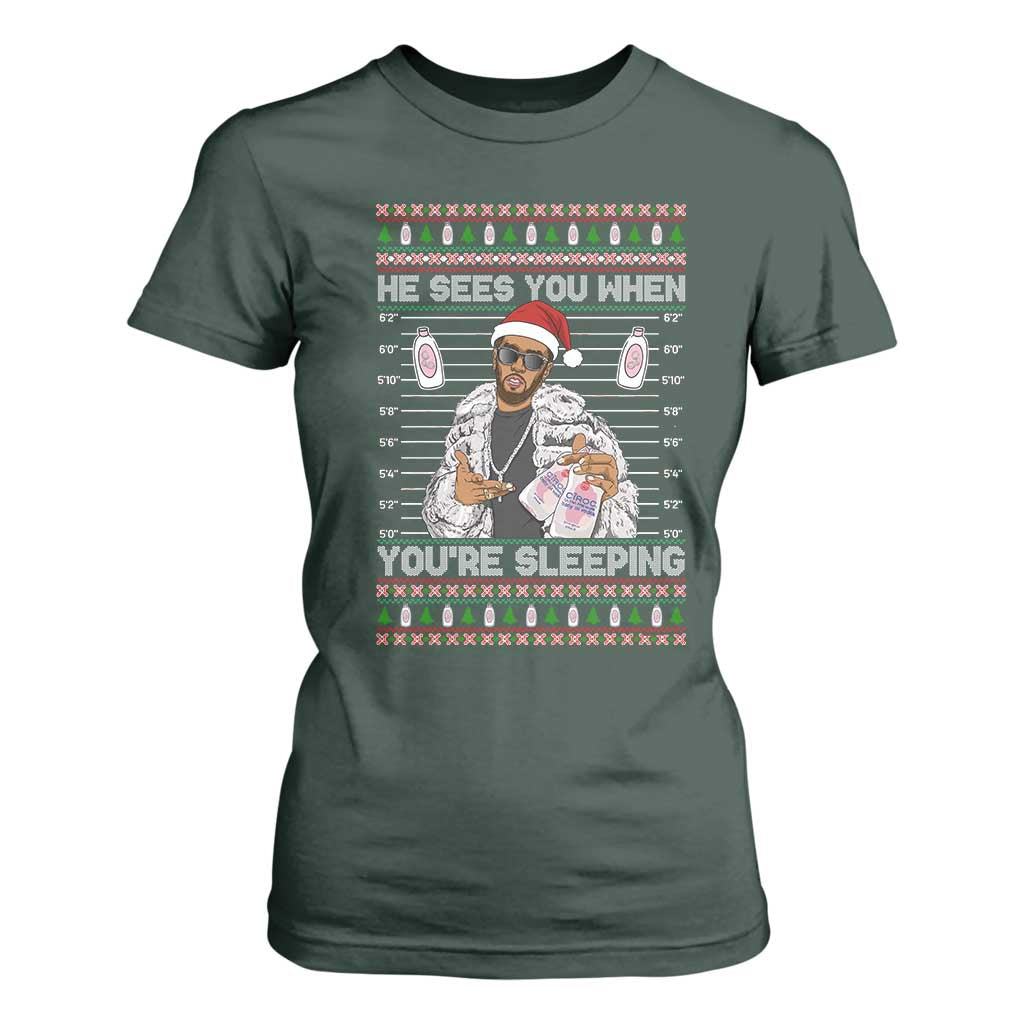 Funny Christmas Diddy T Shirt For Women Diddy Sees You When Youre Sleeping Ugly Xmas TS10 Dark Forest Green Print Your Wear