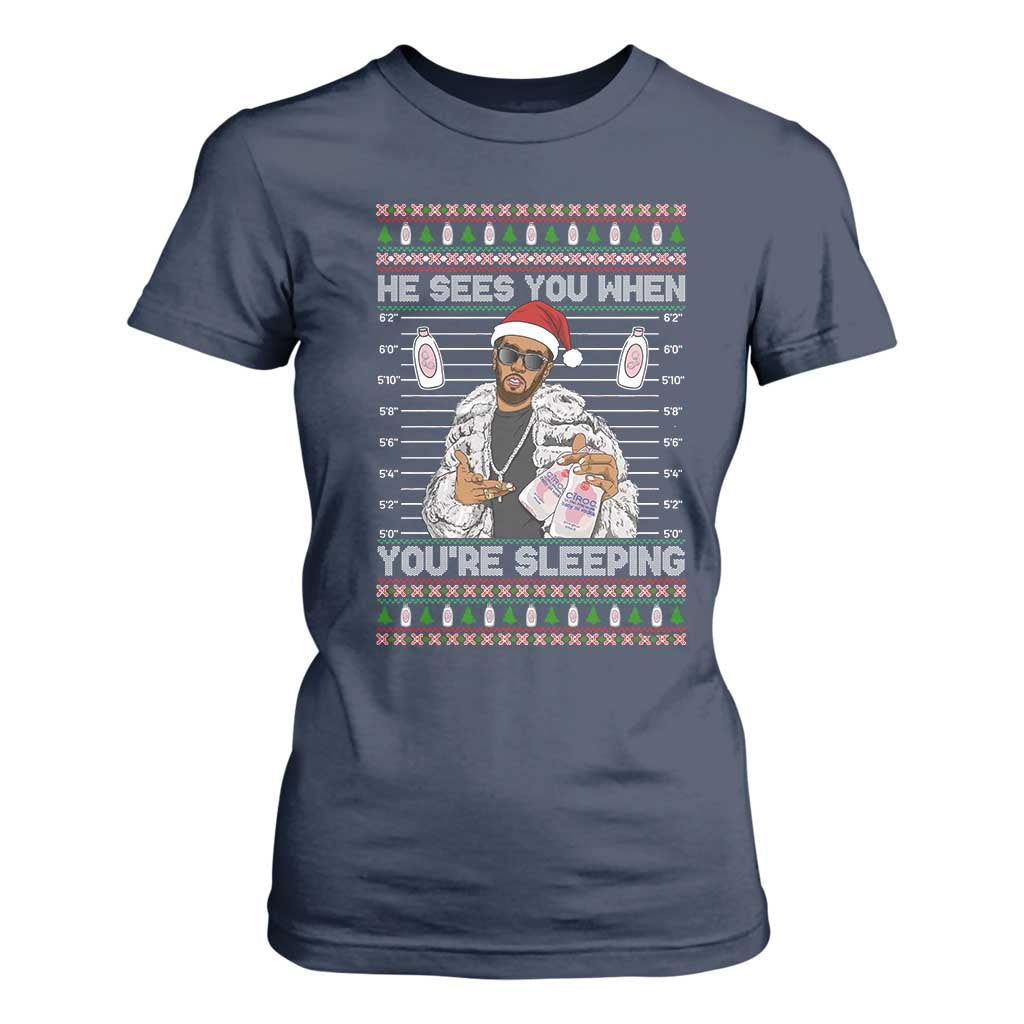 Funny Christmas Diddy T Shirt For Women Diddy Sees You When Youre Sleeping Ugly Xmas TS10 Navy Print Your Wear