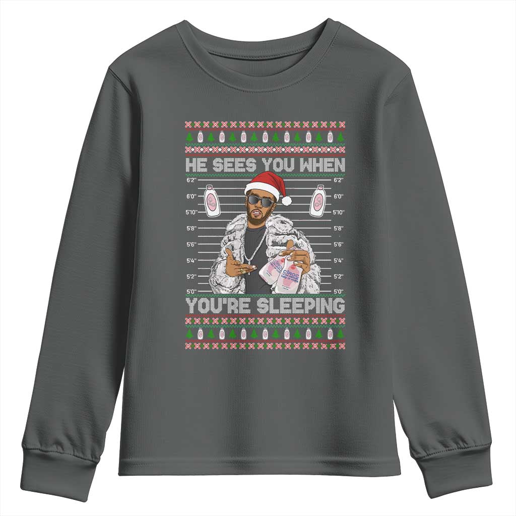 Funny Christmas Diddy Youth Sweatshirt Diddy Sees You When Youre Sleeping Ugly Xmas TS10 Dark Heather Print Your Wear
