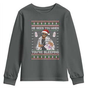 Funny Christmas Diddy Youth Sweatshirt Diddy Sees You When Youre Sleeping Ugly Xmas TS10 Dark Heather Print Your Wear