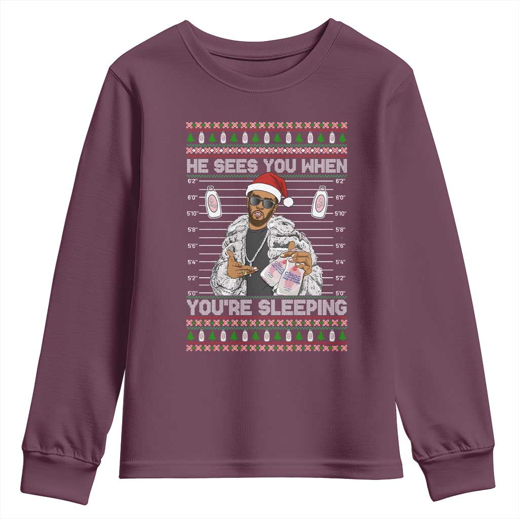 Funny Christmas Diddy Youth Sweatshirt Diddy Sees You When Youre Sleeping Ugly Xmas TS10 Maroon Print Your Wear