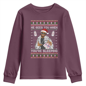 Funny Christmas Diddy Youth Sweatshirt Diddy Sees You When Youre Sleeping Ugly Xmas TS10 Maroon Print Your Wear