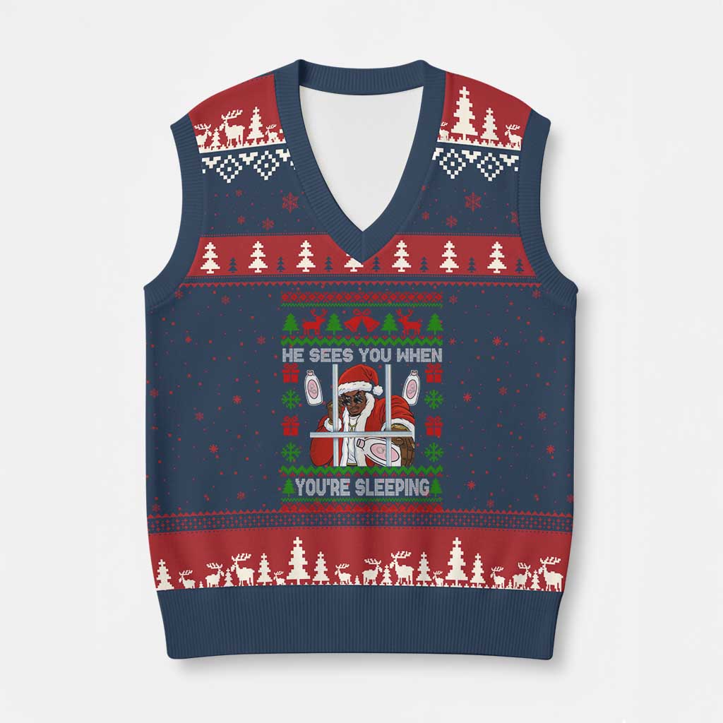 Funny Xmas Diddy V-Neck Knit Sweater Vest Diddy Sees You When Youre Sleeping Dirty Ugly Xmas TS10 Navy Red Print Your Wear
