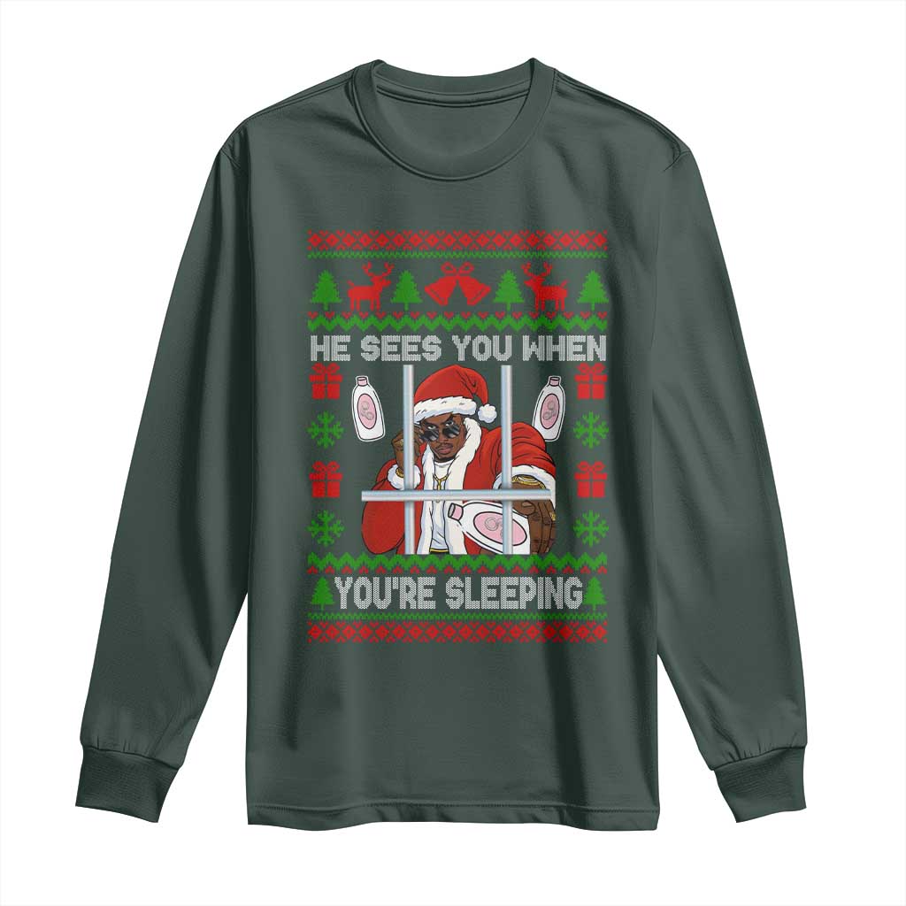 Funny Christmas Diddy Long Sleeve Shirt Diddy Sees You When Youre Sleeping Dirty Ugly Xmas TS10 Dark Forest Green Print Your Wear