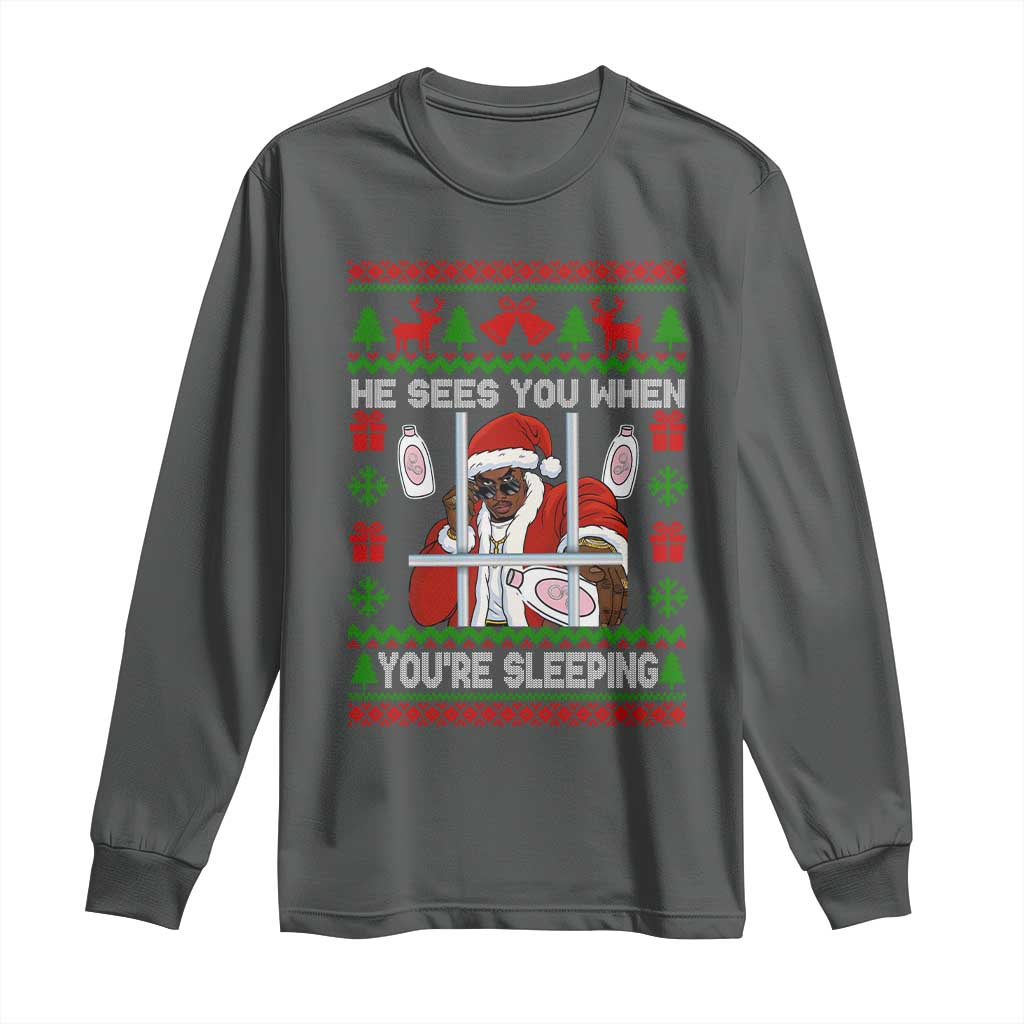 Funny Christmas Diddy Long Sleeve Shirt Diddy Sees You When Youre Sleeping Dirty Ugly Xmas TS10 Dark Heather Print Your Wear