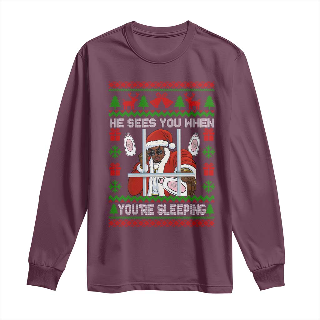 Funny Christmas Diddy Long Sleeve Shirt Diddy Sees You When Youre Sleeping Dirty Ugly Xmas TS10 Maroon Print Your Wear