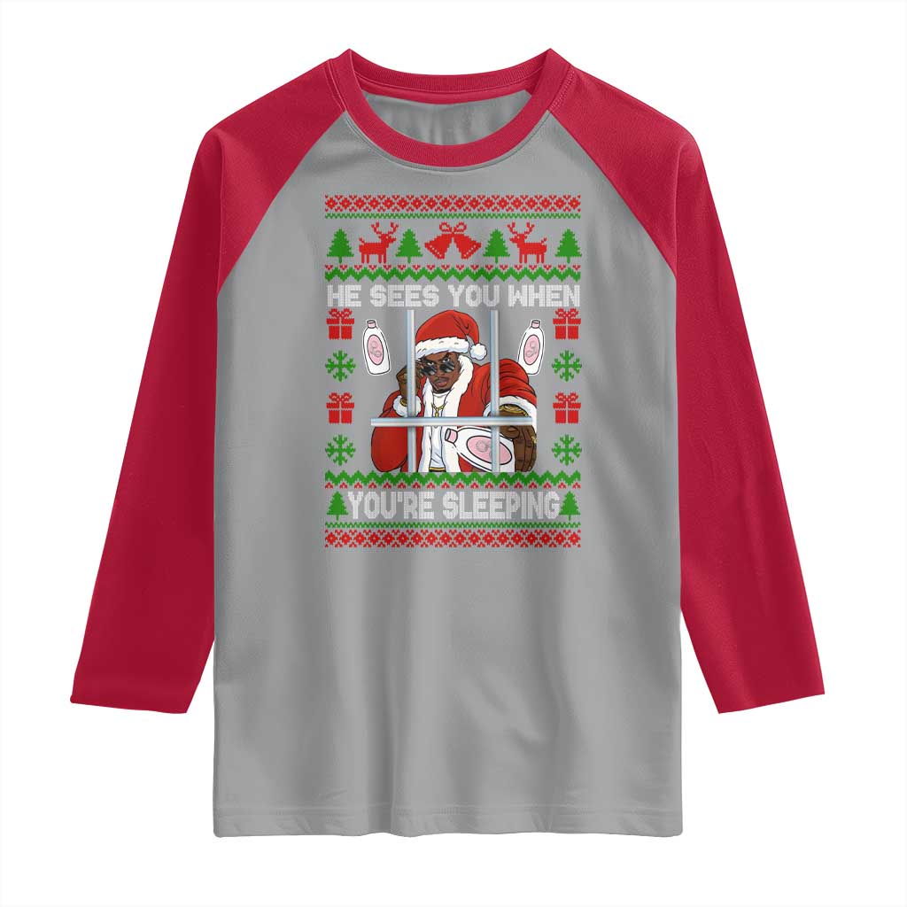 Funny Christmas Diddy Raglan Shirt Diddy Sees You When Youre Sleeping Dirty Ugly Xmas TS10 Sport Gray Red Print Your Wear